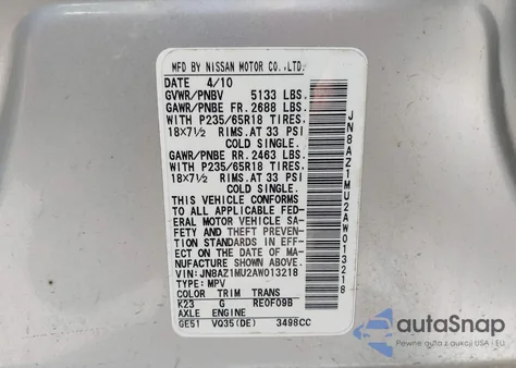 2010 Nissan Murano Sl из США, поврежденный, VIN JN8AZ1MU2AW013218